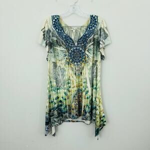 World Unity Green And Beige Boho Short Ruffle Sleeved Blouse Woman’s Size 1X